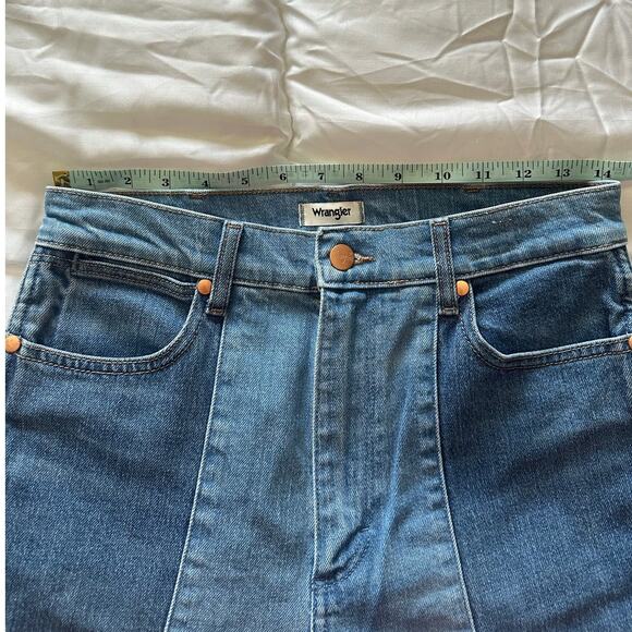 Wrangler WROCK High Rise Kick Flare Jeans Blue Denim Split Panel Raw Hem 29x28 - Picture 5 of 7